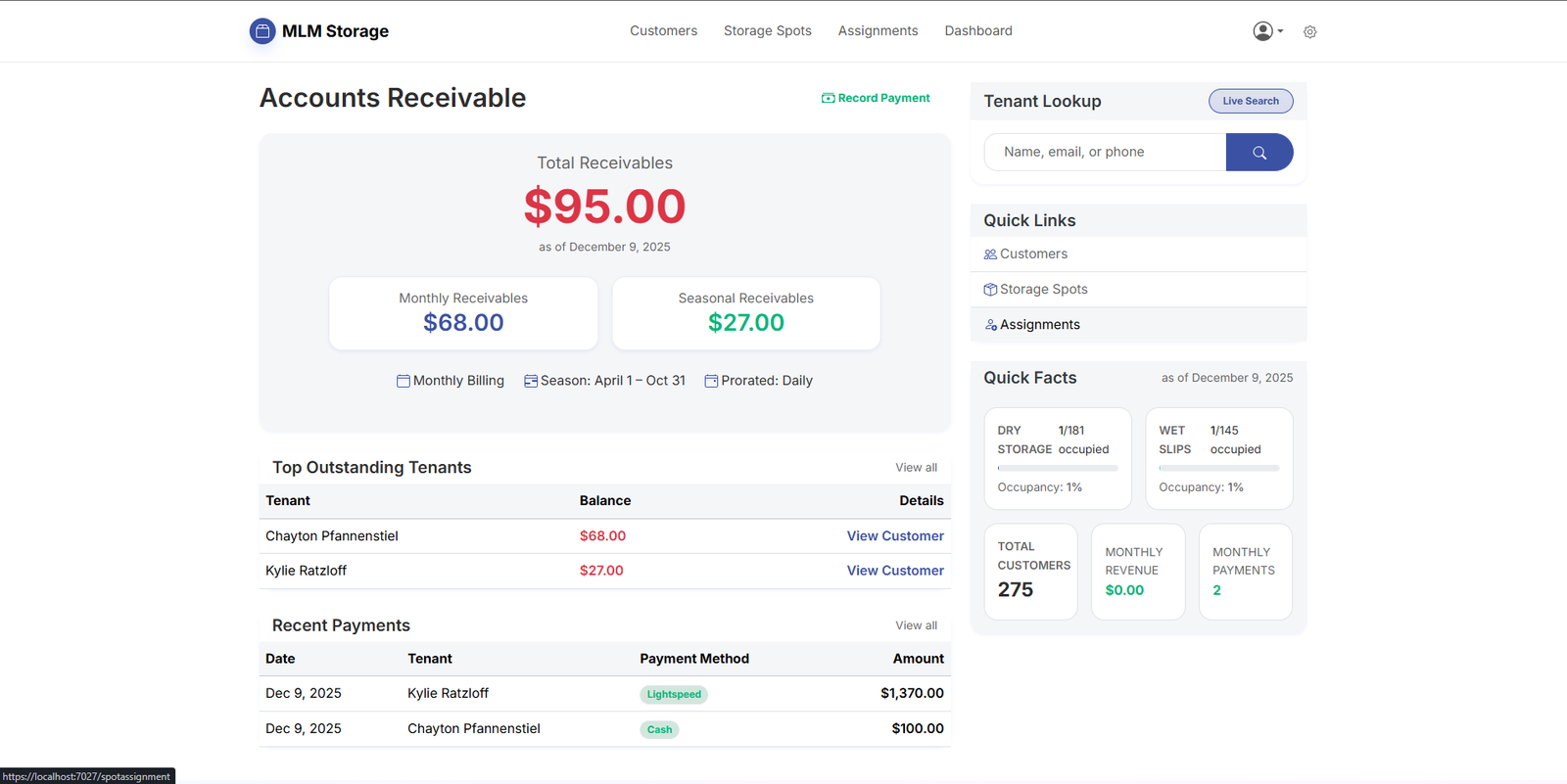 Example dashboard of storage.melvernlakeamarina.com